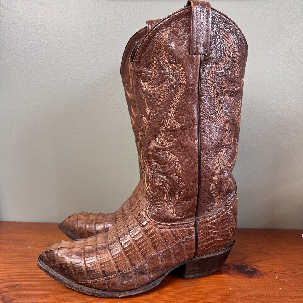Tony Lama Brown Genuine CAIMAN Head Cut Western Alligator Cowboy Boots Sz 7 EE